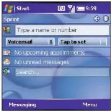 Start 9:59 Sprint Type a name or number Voicemail 1 Tap to set No upcoming appointments No unread messages Search... Messaging Menu