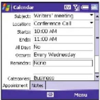 Calendar Subject: Writers' meeting Location: Conference Call Starts: 10:00 AM Ends: 11:00 AM All Day: No Occurs: Every Wednesday Reminder: None Categories: Business Appointment Notes Menu