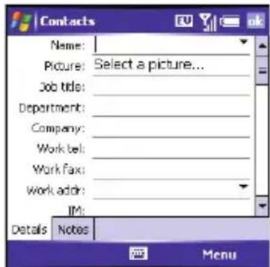 Contacts Name: Picture: Select a picture... Job title: Department: Company: Work tel: Work fax: Work addr: IM: Details Notes Menu