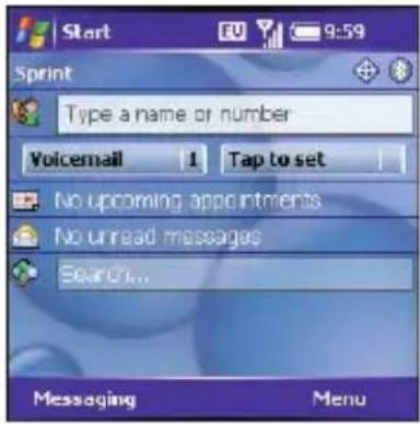 Start 9:59 Sprint Type a name or number Voicemail 1 Tap to set No upcoming appointments No unread messages Search... Messaging Menu