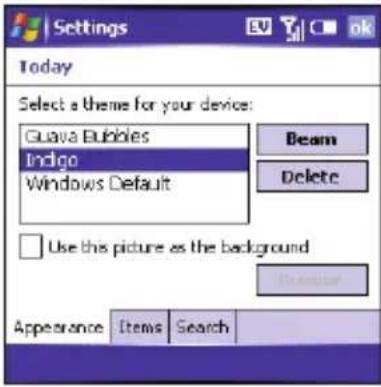 Settings Today Select a theme for your device: Guava Bubbles Indigo Windows Default Beam Delete Use this picture as the background Appearance Items Search