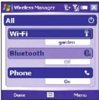 Wireless Manager All Wi-Fi garden Bluetooth Off Phone On Done Menu