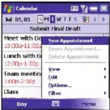 Calendar Jul 05, 05 S M T W T F S Submit Final Draft Meet with Do 10:00p-11:00p Lunch with Go 12:00p-1:00p Team meeting 1:00p-2:00p Class New Appointment Beam Appointment... Delete Appointment View Edit Options... Filter Day Menu