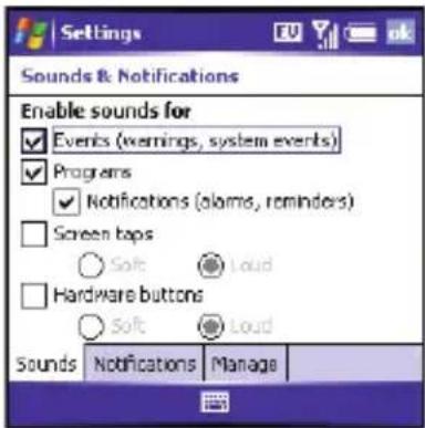 Settings Sounds & Notifications Enable sounds for ✓ Events (xemings, system events) ✓ Programs ✓ Notifications (alarms, reminders) □ Screen taps ○ Soft ● Loud □ Hardware buttons ○ Soft ● Loud Sounds Notifications Manage