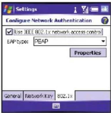 Settings Configure Network Authentication Use IEEE 802.1x network access control EAP type: PEAP Properties General Network Key 802.1x