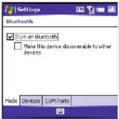 Settings Bluetooth ✓ Turn on Bluetooth ☐ Make this device discoverable to other devices Mode Devices COMPorts