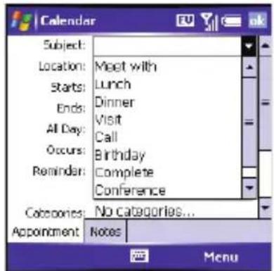Calendar Subject: Location: Meet with Starts: Lunch Ends: Dinner Visit All Day: Call Occurs: Birthday Reminder: Complete Conference Categories: No categories... Appointment Notes Menu