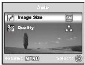 Auto Image Size Quality Return: MENU Selects OK
