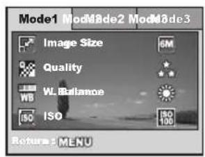 Mode1 Mod8de2 Mod8de3 Image Size 6M Quality WB WL Balance ISO ISO 100 Return: MENU