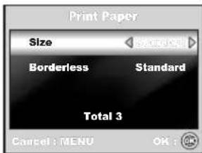 Print Paper Size Borderless Standard Total 3 Cancel : MENU OK