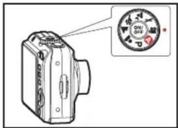 Diagram of a digital camera with an ON/OFF dial indicator and a close-up view of the camera's dial.