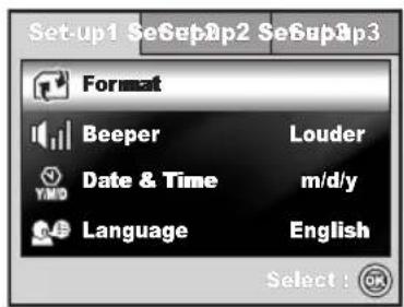 Set-up1 SeSep2p2 SeSep3p3 Format Beeper Louder Date & Time m/d/y Language English Select : OK
