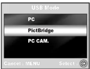 USB Mode PC PictBridge PC CAM. Cancel : MENU Select : OK