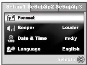 Set-up1 SeSep2p2 Se6ap3p3 Format Beeper Louder Date & Time m/d/y Language English Select: