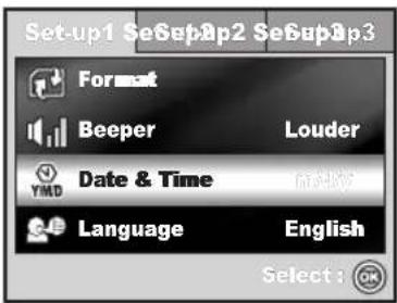 Set-up1 SeSep2p2 SeSep3p3 Format Beeper Louder Date & Time Language English Select : OK