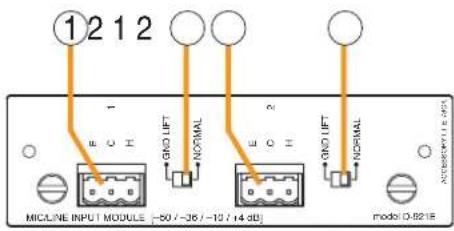 ①2 1 2 E O E GNO LIFT NORMAL E O H GNO LIFT NORMAL MICLINE INPUT MODULE -50 / -36 / -12 / 14 dB mode D-8218