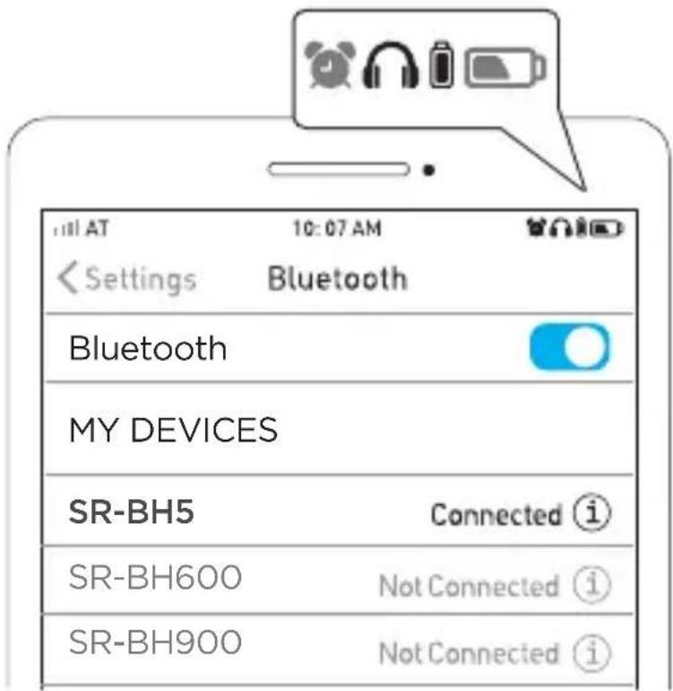 AT 10:07 AM Settings Bluetooth Bluetooth MY DEVICES SR-BH5 Connected ⓘ SR-BH600 Not Connected ⓘ SR-BH900 Not Connected ⓘ