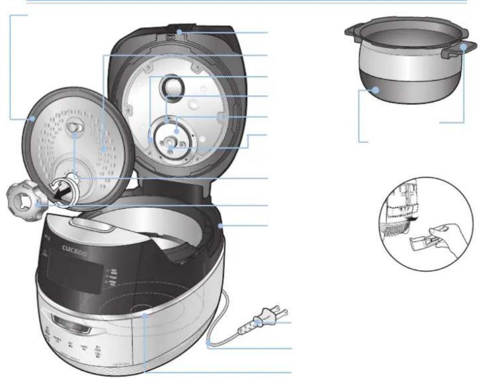 Exploded diagram of a Cuckoo rice cooker with labeled components and interior views