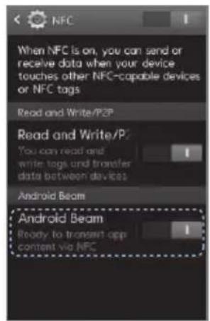 NFC When NFC is on, you can send or receive data when your device touches other NFC-capable devices or NFC tags Read and Write/P2P Read and Write/P2 You can read and write tags and transfer data between devices Android Beam Android Beam Ready to transmit app content via NFC