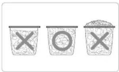 Three labeled containers with 'X' symbols: three marked with X, two marked with O, one marked with X, all containing granular material.