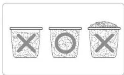 Three labeled containers with 'X' symbols: three marked with X and one filled with granular material.
