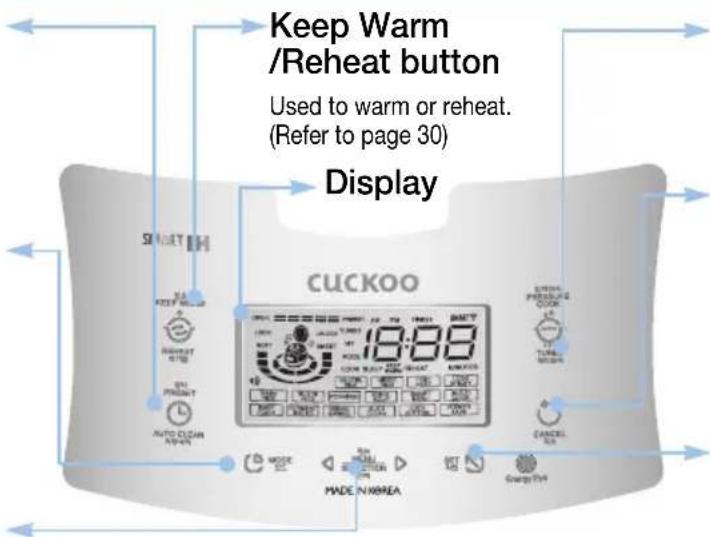 Keep Warm /Reheat button Used to warm or reheat. (Refer to page 30) Display CUCKOO AUTO CLEAN OPEN START 12.00 KEEP OUT 18:00 DOWN 10.00 DOWN 12.00 DOWN 18:00 DOWN 12.00 DOWN 18:00 DOWN 12.00 DOWN 18:00 DOWN 12.00 DOWN 18:00 DOWN 12.00 DOWN 18:00 DOWN 12.00 DOWN 18:00 DOWN 12.00 DOWN 18:00 Down 12.00 Down 18:00 Down 12.00 Down 18:00 Down 12.00 Down 18:00 Down 12.00 Down 18:00 Down 12.00 Down 18:00 Down 12.00 Down 18:00 Down 12.00 Down 18: DOWN 12.00 DOWN 18:00 DOWN 12.00 DOWN 18:00 DOWN 12.00 DOWN 18:00 DOWN 12.00 DOWN 18:00 DOWN 12.00 DOWN