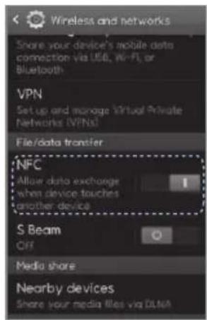 Wireless and networks Share your device's mobile data connection via USB, Wi-Fi, or Bluetooth VPN Setup up and manage Virtual Private Networks (VPINs) File/data transfer NFC Allow data exchange when device touches another device S Beam Off Media share Nearby devices Share your media files via DATA