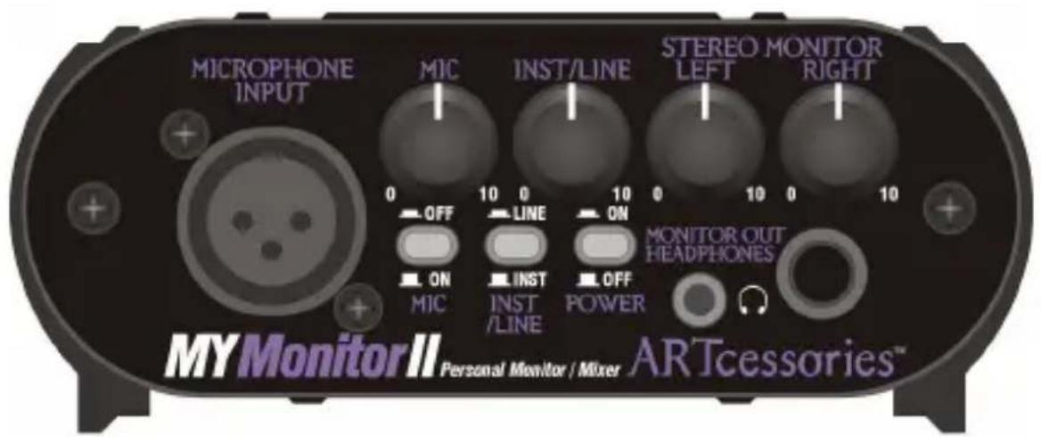 MICROPHONE INPUT MIC INST/LINE STEREO MONITOR LEFT RIGHT 0 10 0 10 0 10 0 10 OFF LINE ON ON MIX INST /LINE OFF POWER MONITOR OUT HEADPHONES MY Monitor II Personal Monitor / Mixer ARTcessories™