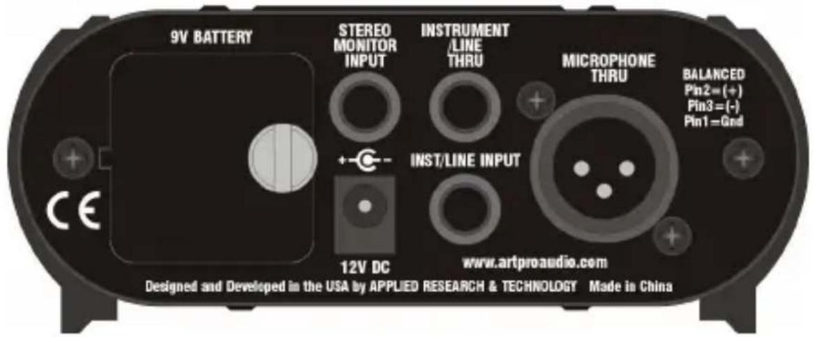 9V BATTERY STEREO MONITOR INPUT INSTRUMENT /LINE THRU MICROPHONE THRU BALANCED Pin2= (+) Pin3= (-) Pin1=Gnd INST/LINE INPUT 12V DC www.artproaudio.com Designed and Developed in the USA by APPLIED RESEARCH & TECHNOLOGY Made in China