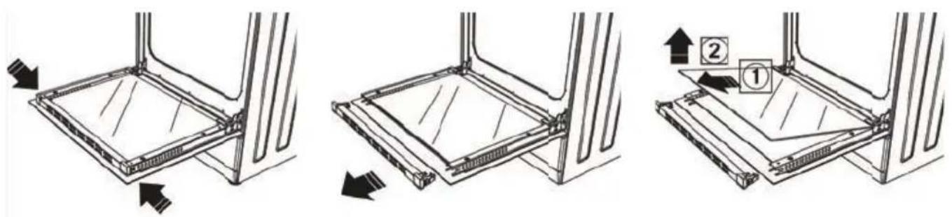 Technical diagram showing three steps of a mechanical assembly with labeled components and directional arrows indicating motion.