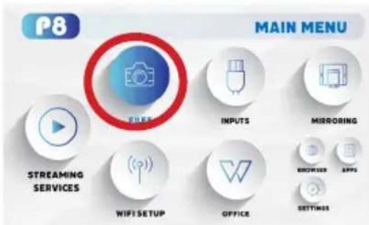 P8 MAIN MENU FILES INPUTS MIRRORING STREAMING SERVICES WIFI SETUP OFFICE BROWER APPS SETTINGS