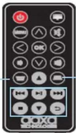 Black remote control interface with various function buttons and display icons