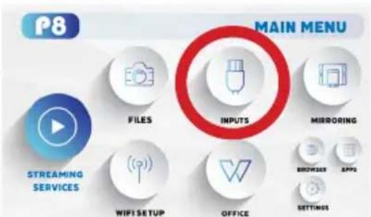 P8 MAIN MENU FILES INPUTS MIRRORING STREAMING SERVICES WIFI SETUP OFFICE BROWERS SPPS SETTINGS