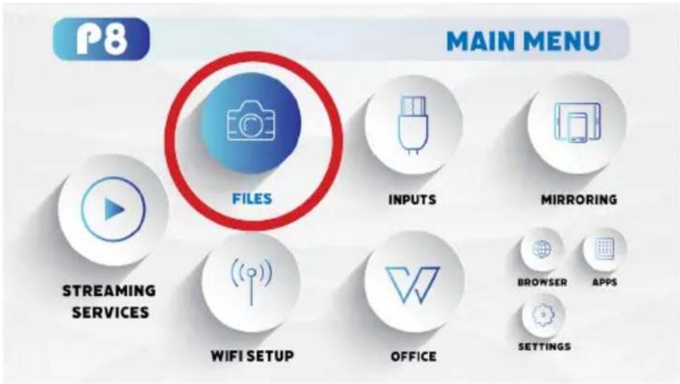 P8 MAIN MENU FILES INPUTS MIRRORING STREAMING SERVICES WIFI SETUP OFFICE BROWSER APPs SETTINGS