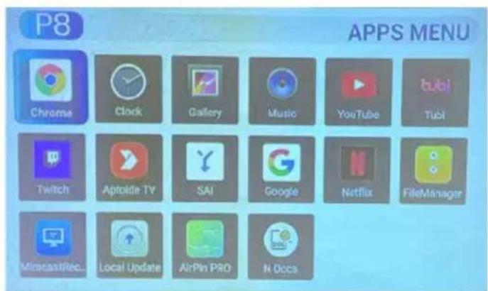 P8 APPS MENU Chrome Clock Gallery Music YouTube Tubi Twitch Aptolide TV SAI Google Netflix FileManager MircastRec... Local Update AirPin PRO- N Occs