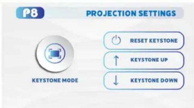 P8 PROJECTION SETTINGS KEYSTONE MODE RESET KEYSTONE ↑ KEYSTONE UP ↓ KEYSTONE DOWN