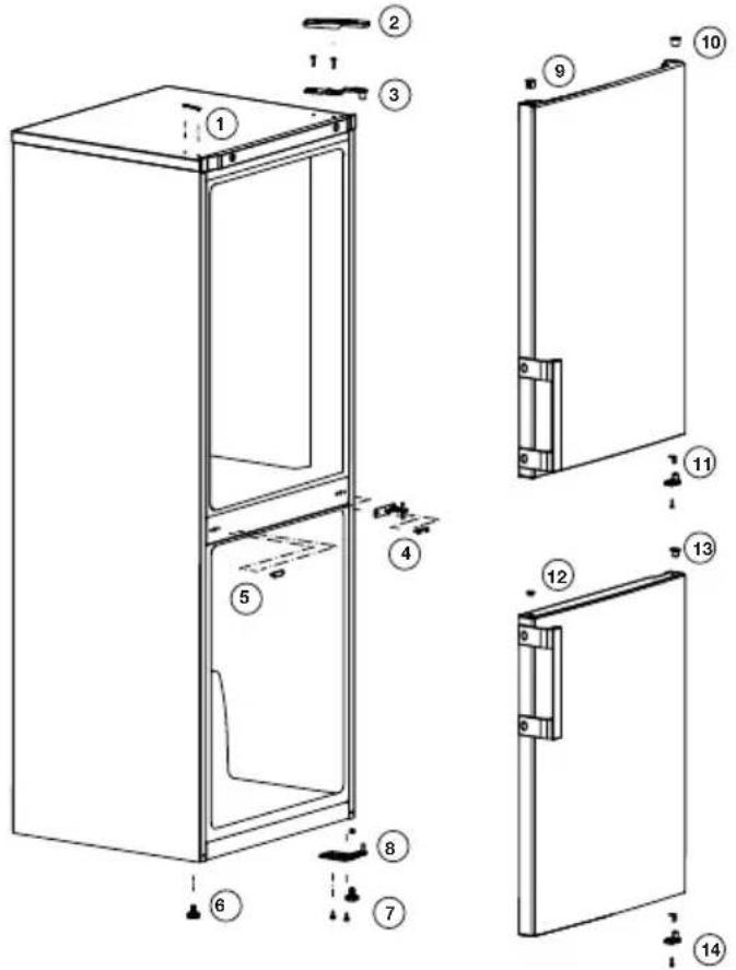 Technical diagram of a refrigerator with numbered parts for identification and assembly reference.