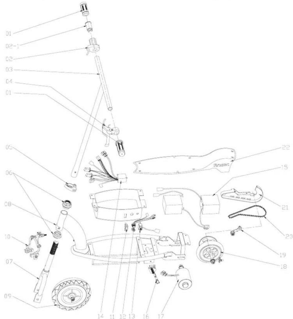 Exploded view diagram of a toy car with numbered parts for identification