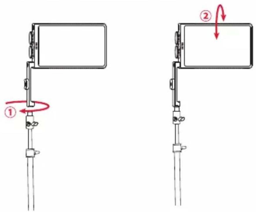 Diagram showing two mechanical device configurations with labeled parts and directional arrows indicating motion or rotation.