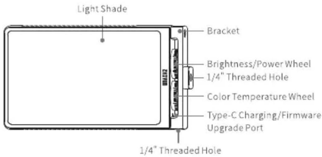 Light Shade Bracket Brightness/Power Wheel 1/4" Threaded Hole Color Temperature Wheel Type-C Charging/Firmware Upgrade Port 1/4" Threaded Hole