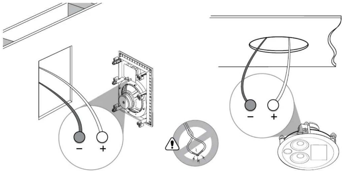 Technical diagram illustrating electrical wiring connections and safety warning symbols for lighting or installation.