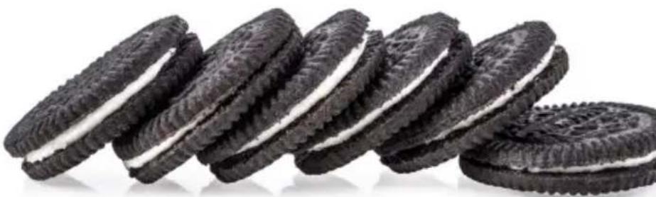 Close-up of multiple slices of black and white cookies (no text or symbols visible)