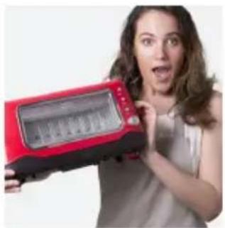Woman holding a red microwave oven with a digital display (no visible text or symbols)