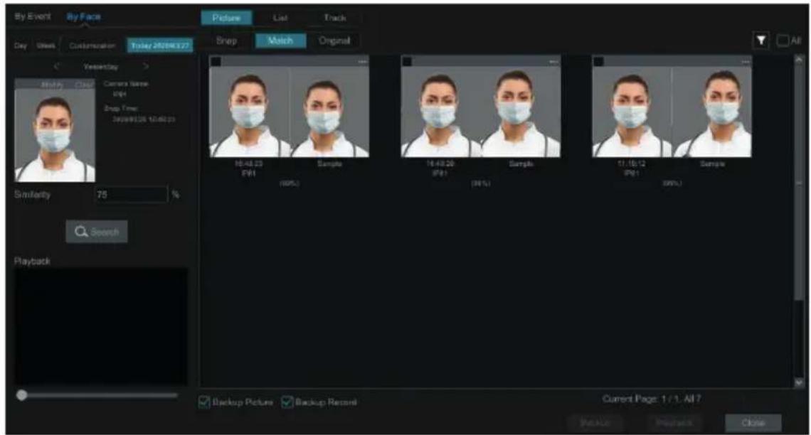 By Event By Face Picture List Track Day Views Customization Today 2020/12/27 Snap Match Original Yesterday Modify Cloud Camera Name shift Drop Time: 36:48:15:16 12:48:23 Similarity 75 % Search Playback Backup Picture Backup Record Current Page: 1/1. All 7. Profile Playback Close