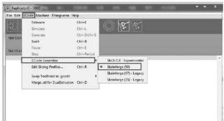 ReplicatorG - 0040 File Edit GCode Machine Thingiverse Help Estimate Ctrl+E Simulate Ctrl+L Generate Ctrl+Shift+8 Build Ctrl+B Pause Ctrl+E Stop Ctrl+Period GCode Generator Edit Sliding Profiles... Ctrl+R Swap Toolhead in .gcode Merge .all for DualExtrusion Ctrl+D Slice3=0.X - Experimental Skeinforge (50) Skeinforge (47) - Legacy Skeinforge (35) - Legacy