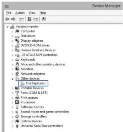 Device Manager File Action View Help designcomputer Computer Disk drives Display adapters DVD/CD-ROM drives Human Interface Devices IDE ATA/ATAPI controllers Keyboards Mice and other pointing devices Monitors Network adapters Other devices The Replicator Portable Devices Ports (COM & LPT) Print queues Processors Software devices Sound, video and game controllers Storage controllers System devices Universal Serial Bus controllers