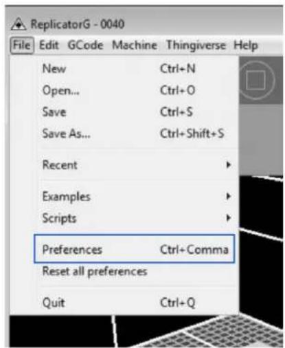 ReplicatorG - 0040 File Edit GCode Machine Thingiverse Help New Ctrl+N Open... Ctrl+O Save Ctrl+S Save As... Ctrl+Shift+S Recent Examples Scripts Preferences Ctrl+Comma Reset all preferences Quit Ctrl+Q