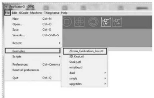 ReplicatorG - 0040 File Edit GCode Machine Thingiverse Help New Ctrl+N Open... Ctrl+O Save Ctrl+S Save As... Ctrl+Shift+S Recent Examples Scripts Preferences Ctrl+Comma Reset all preferences Quit Ctrl+Q 20mm_Calibration_Box.stl 3D_Knot.stl Snake.stl whistle.stl dual single upgrades