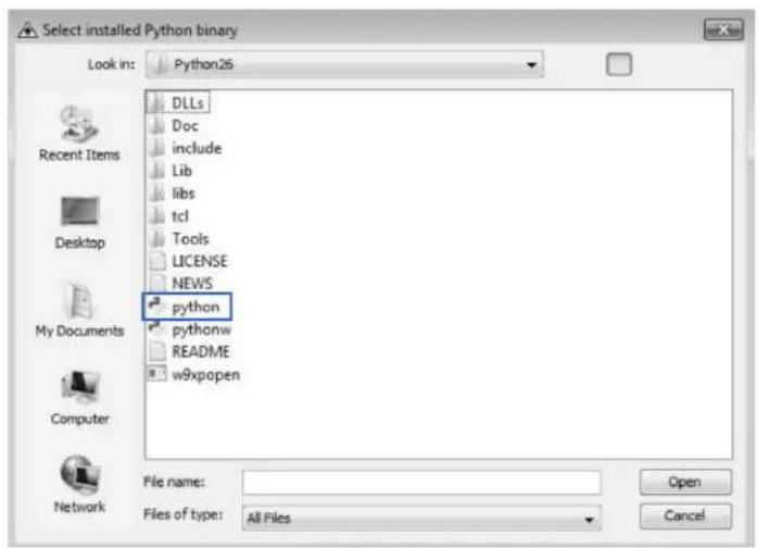 Select installed Python binary Look in: Python26 DLLs Doc include Lib libs tcl Tools LICENSE NEWS python pythonw README w9xpopen File name: Files of type: All Files Open Cancel