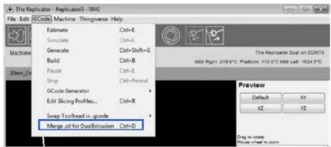 The Replicator - ReplicatorG - 0040 File Edit GCode Machine Thingiverse Help Estimate Ctrl+E Simulate Ctrl+L Generate Ctrl+Shift+G Build Ctrl+B Pause Ctrl+E Stop Ctrl+Period GCode Generator Edit Slicing Profiles... Ctrl+R Swap Toolhead in -gcode Merge.tif for DualExtrusion Ctrl+D Preview Default XY XZ YZ Drag to rotate Mouse wheel to zoom